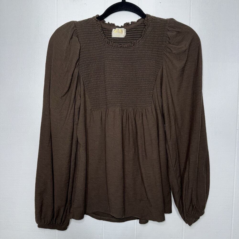 Nation LTD Women’s Smocked Brown Top Long Sleeve Size Medium
